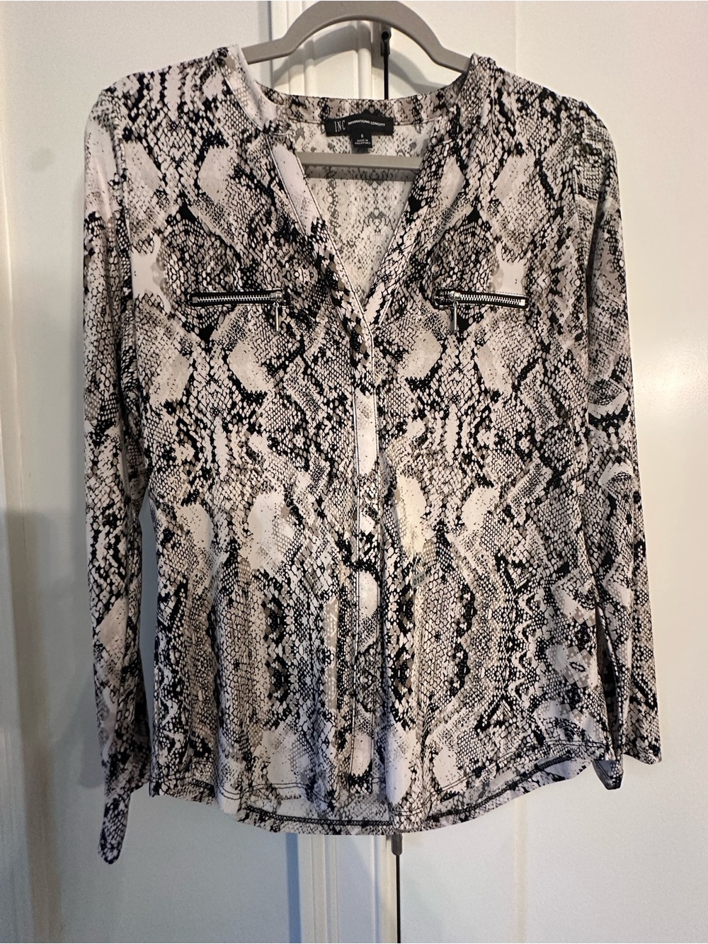 INC International Concepts Black and White Snake-Print Button-Down Top
